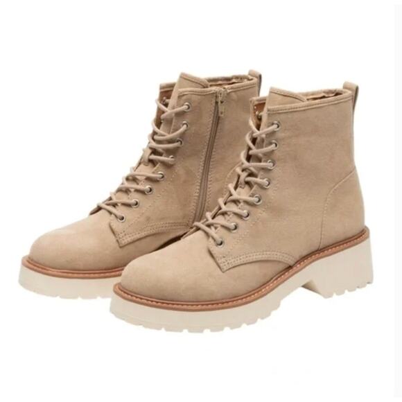Steve Madden Girl Carra Combat Boots 7 Tan Beige Desert Lace Up Ankle Booties - Picture 1 of 8